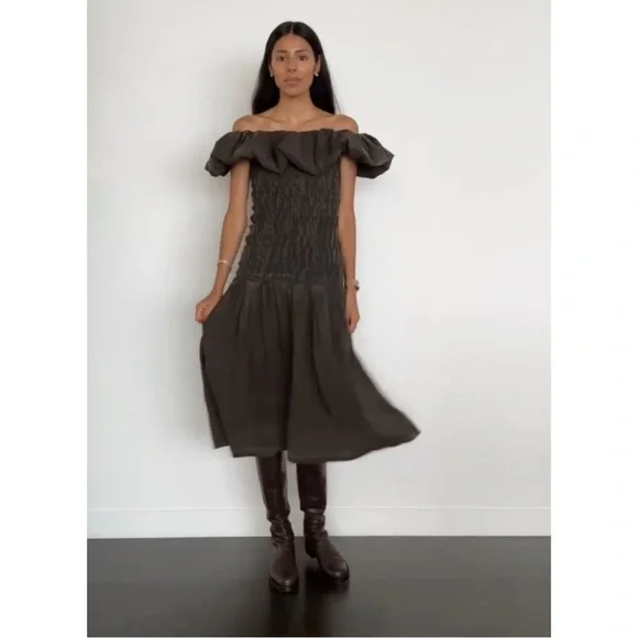NWT Sea New York Juni Garment Dye Brown Smocked Bodice Off Shoulder Midi Dress - Picture 8 of 15